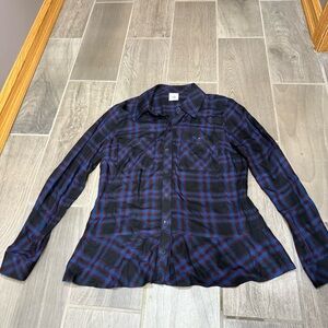 CAbi Women’s Small Blue and Burgundy Plaid Peplum Button Down Shirt